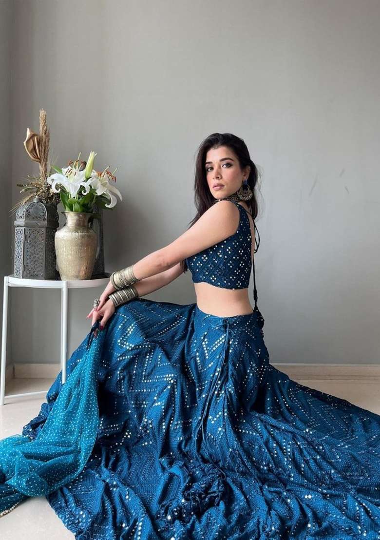 Blue Sequin Work Georgette Lehenga Set for Diwali and Festive Wear - Indya