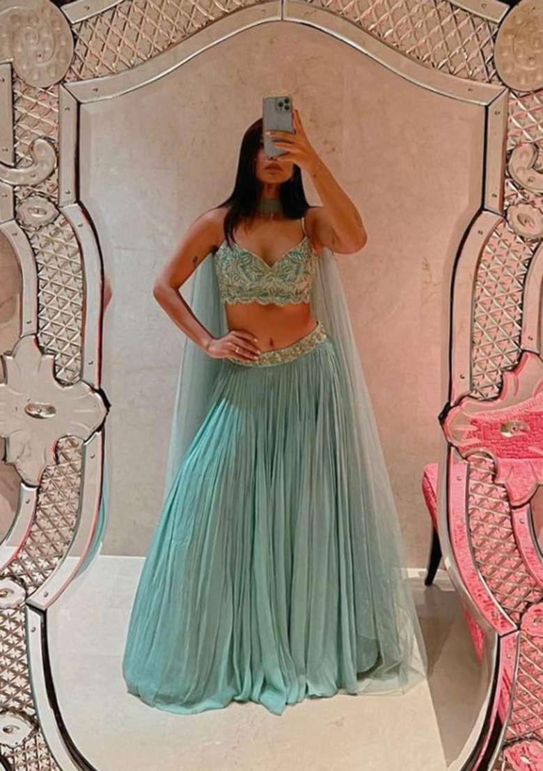 Turquoise Work Georgette Lehenga Set with Sequin for Diwali | Wedding & Festive Wear - Indya