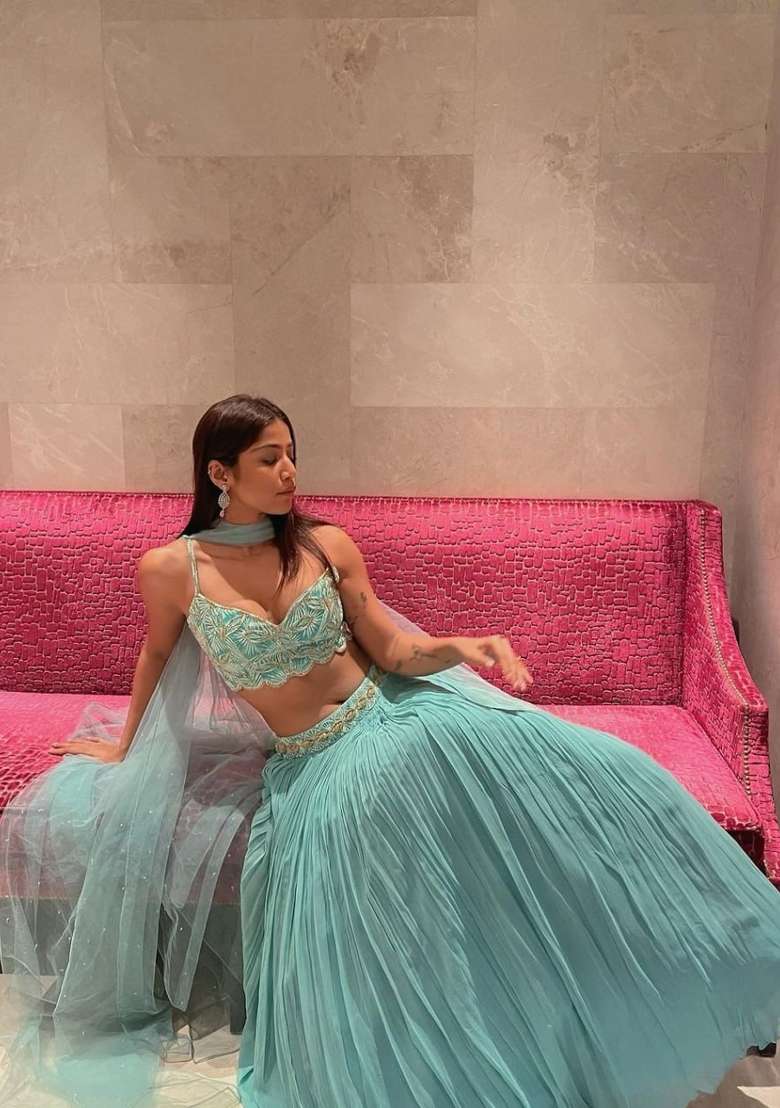 Turquoise Work Georgette Lehenga Set with Sequin for Diwali | Wedding & Festive Wear - Indya