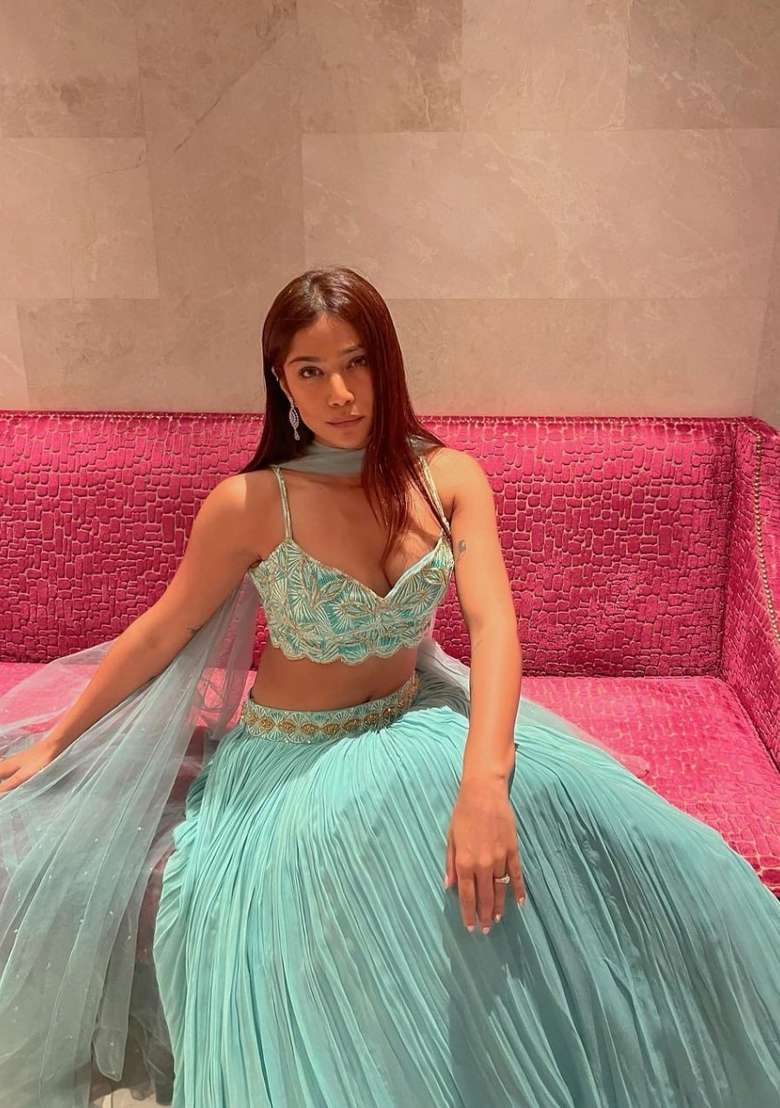 Turquoise Work Georgette Lehenga Set with Sequin for Diwali | Wedding & Festive Wear - Indya