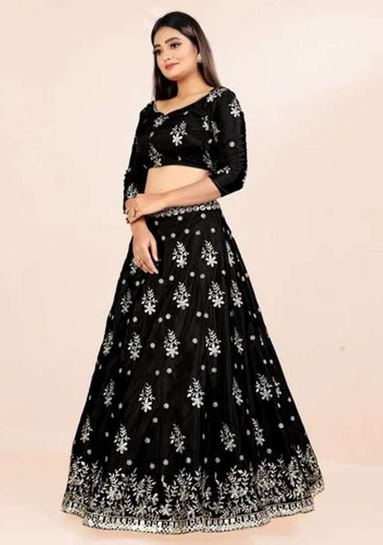 Black Work Silk Lehenga Set with Sequin for Diwali | Wedding & Festive Wear - Indya