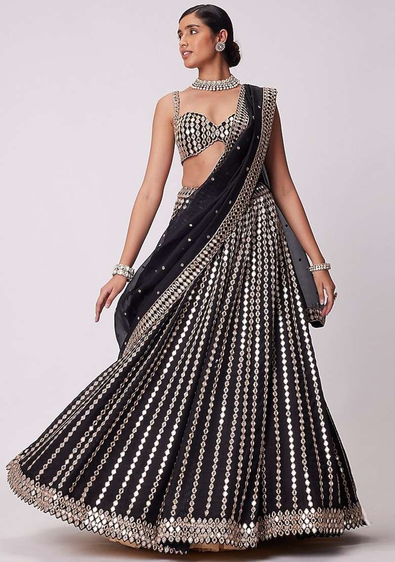 Black Embroidered Silk Lehenga Set for Diwali and Festive Wear - Indya