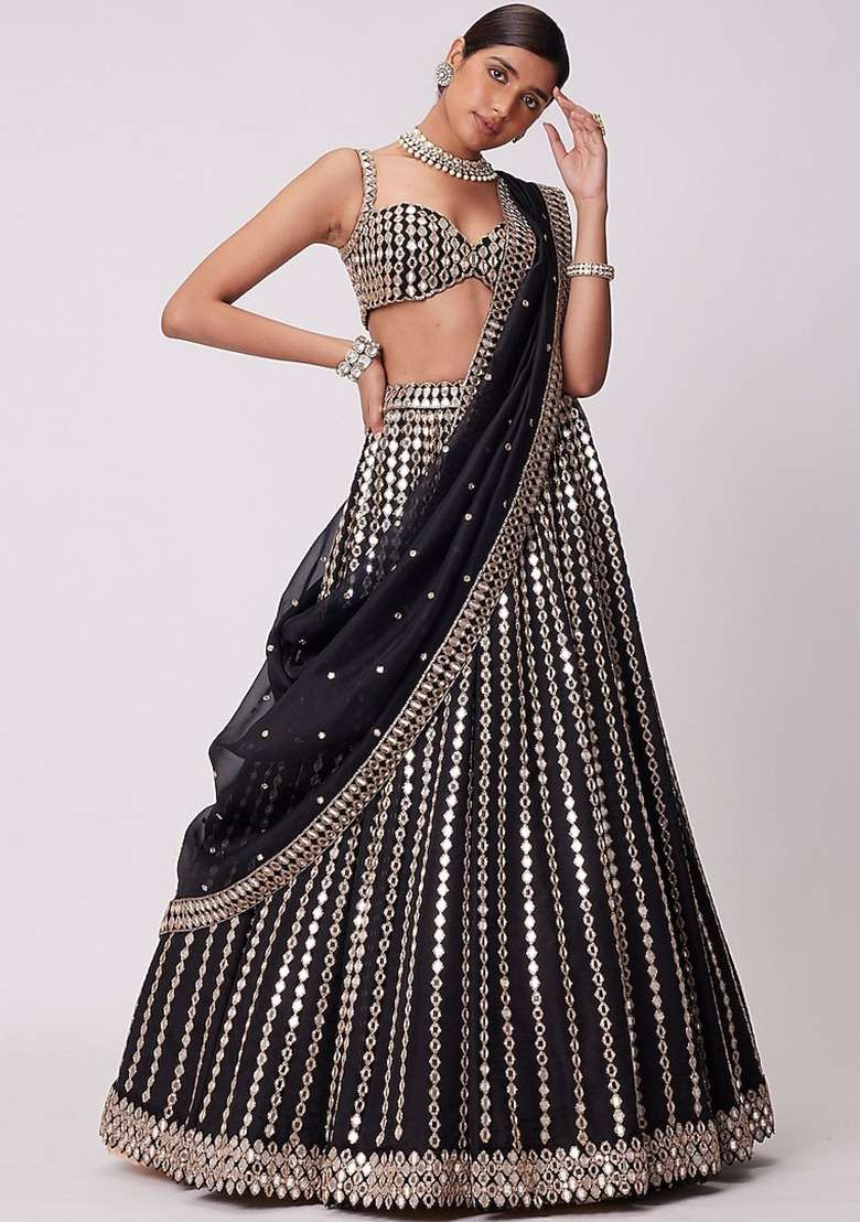 Black Embroidered Silk Lehenga Set for Diwali and Festive Wear - Indya