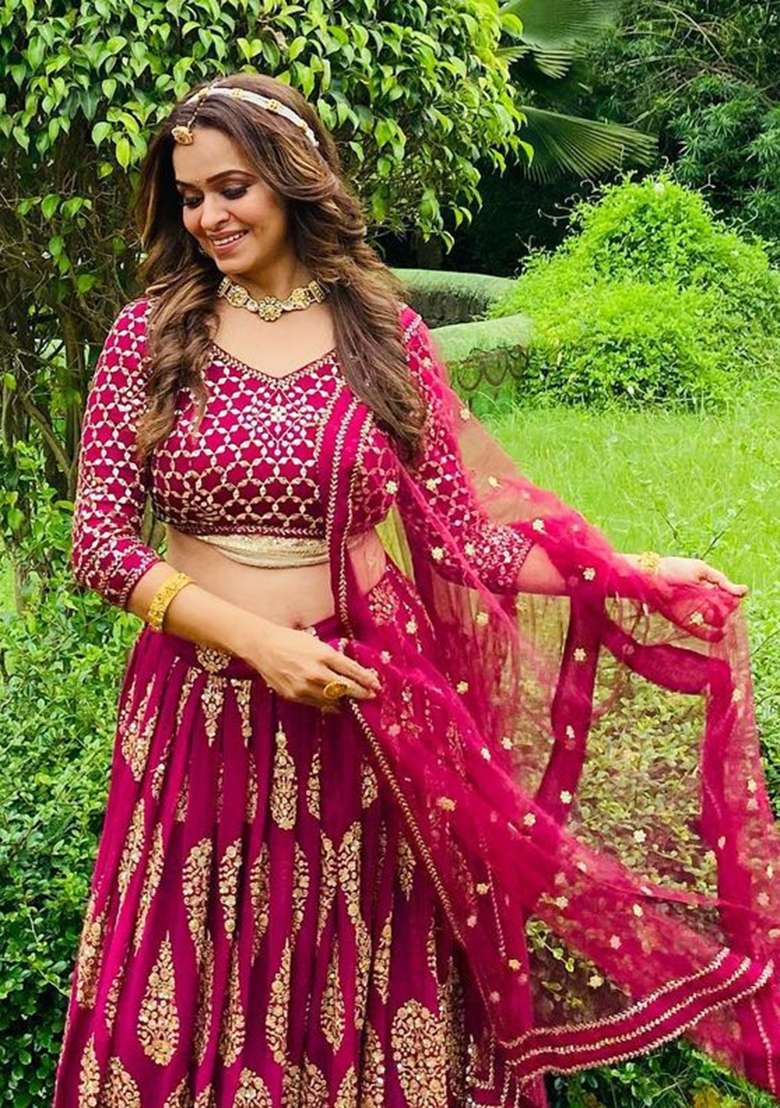 Cherry Red Work Georgette Lehenga Set with Sequin for Diwali | Wedding & Festive Wear - Indya