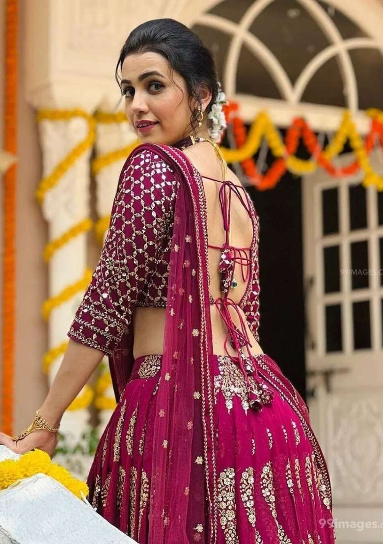 Cherry Red Work Georgette Lehenga Set with Sequin for Diwali | Wedding & Festive Wear - Indya