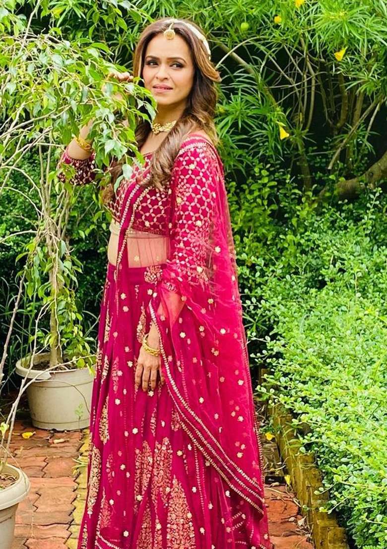 Cherry Red Work Georgette Lehenga Set with Sequin for Diwali | Wedding & Festive Wear - Indya