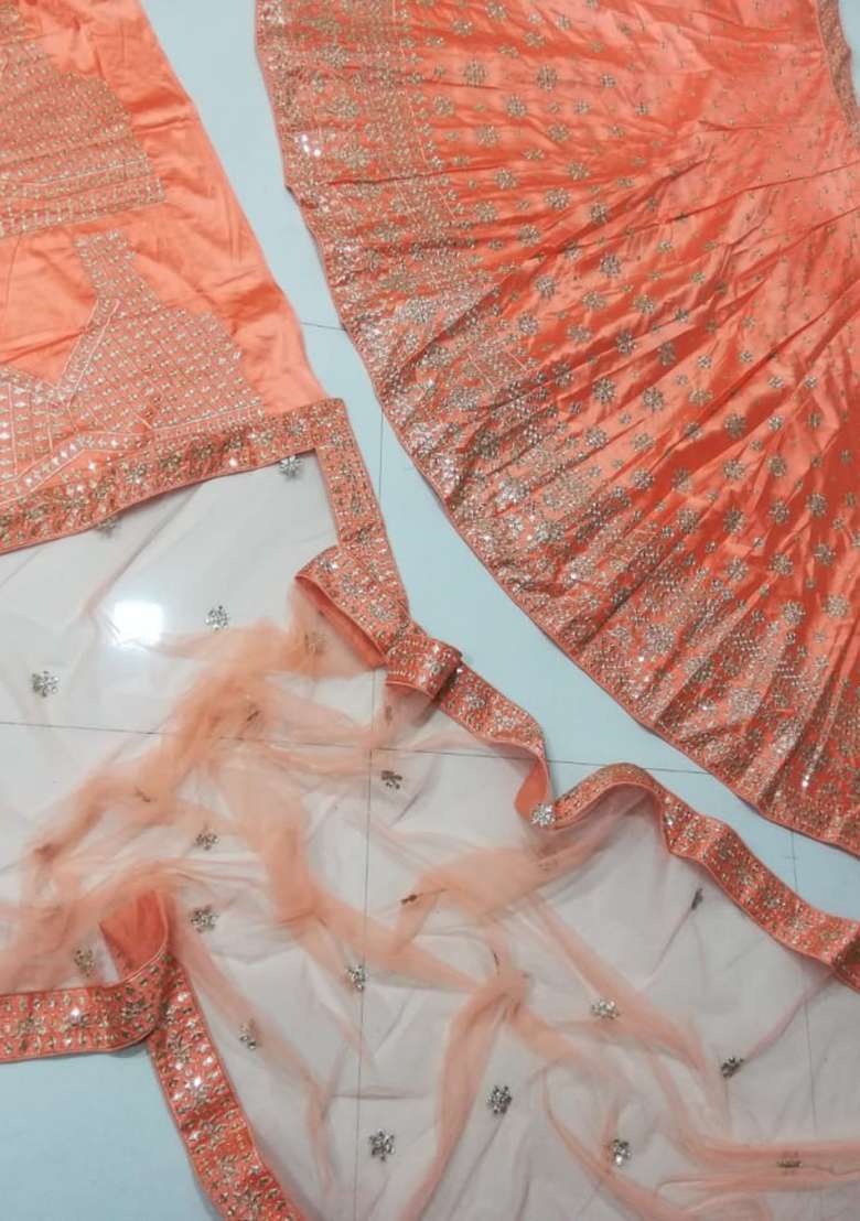 Orange Sequin Work Silk Lehenga Set for Diwali and Festive Wear - Indya