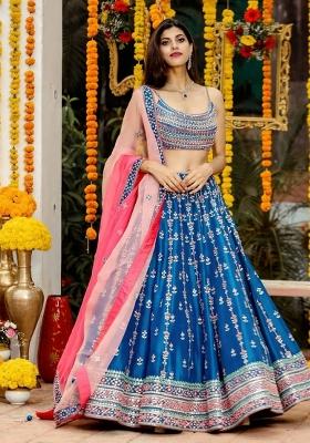 Blue Sequin Work Chinon Lehenga Set
