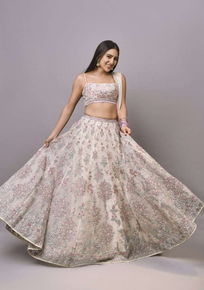 Cream Work Georgette Lehenga Set with Sequin for Diwali | Wedding & Festive Wear - Indya