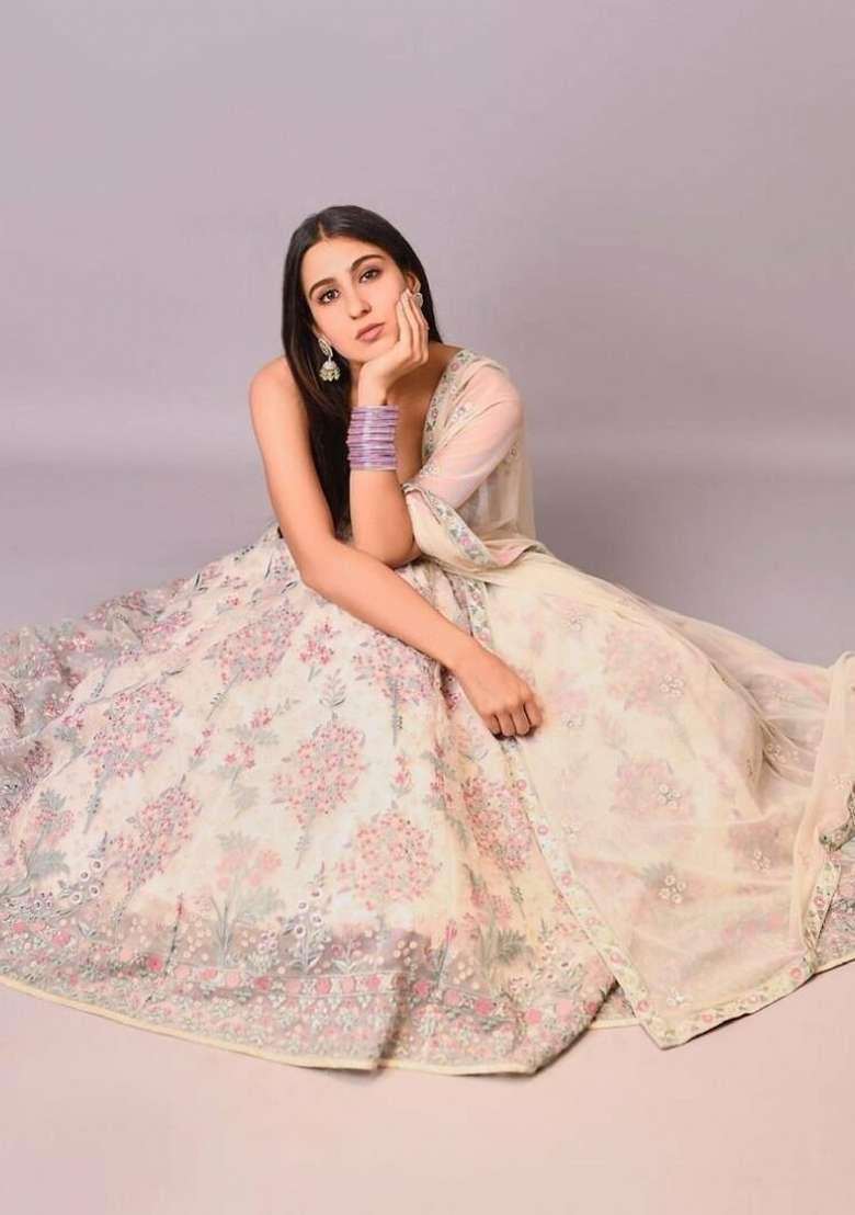 Cream Work Georgette Lehenga Set with Sequin for Diwali | Wedding & Festive Wear - Indya