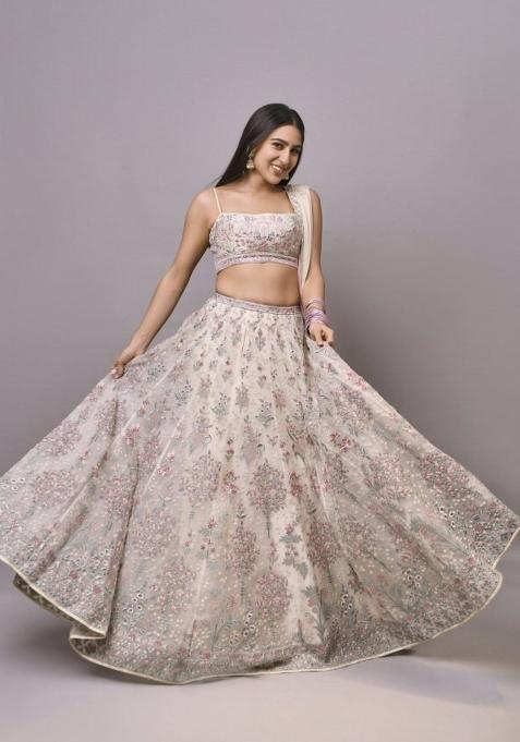 Cream Sequin Work Georgette Lehenga Set