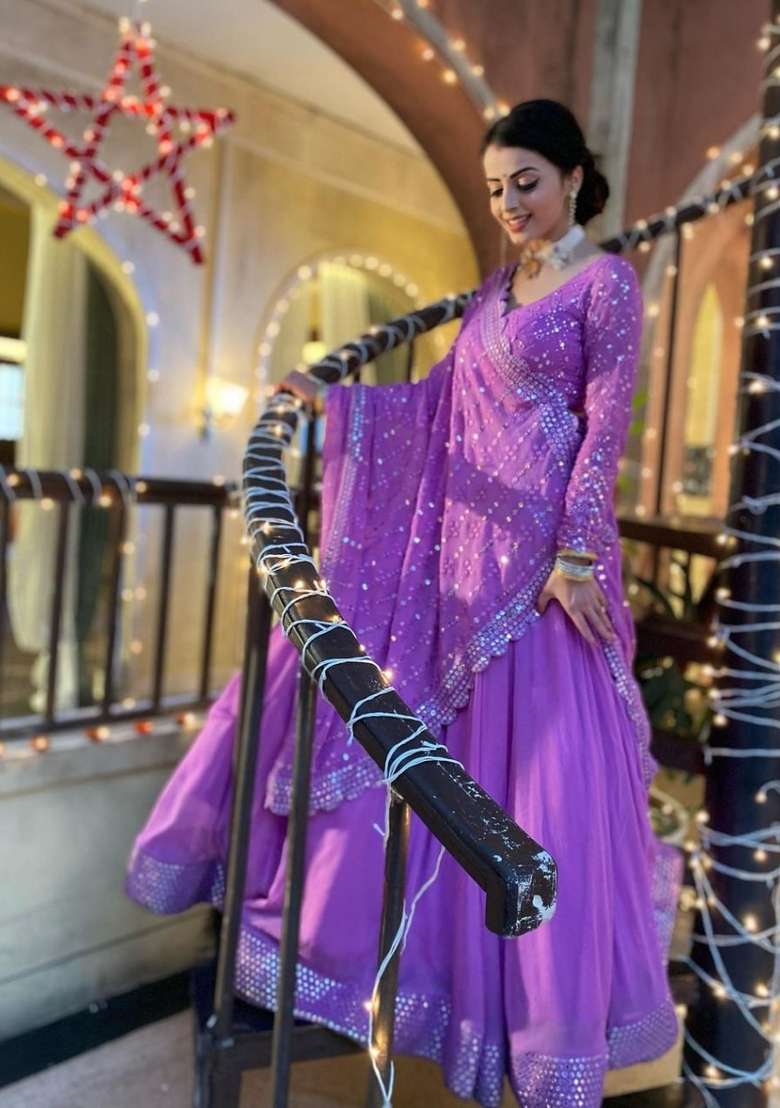 Lavender Work Georgette Lehenga Set with Sequin for Diwali | Wedding & Festive Wear - Indya