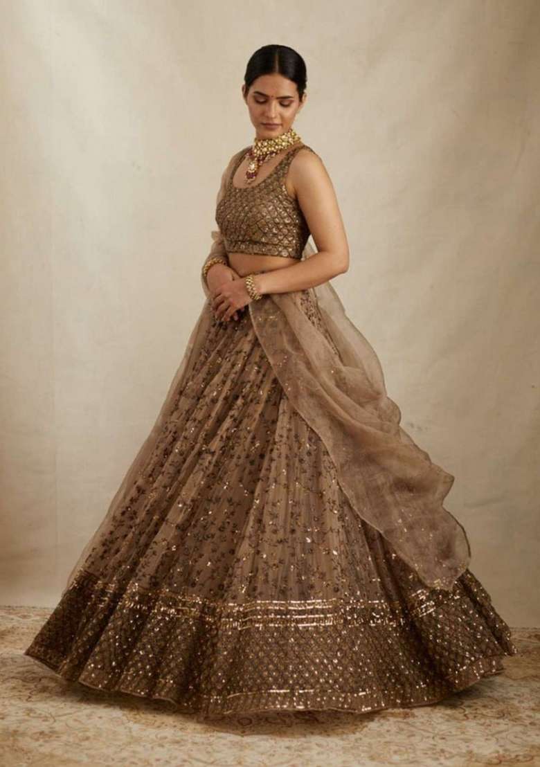 Brown Work Crepe Lehenga Set with Sequin for Diwali | Wedding & Festive Wear - Indya