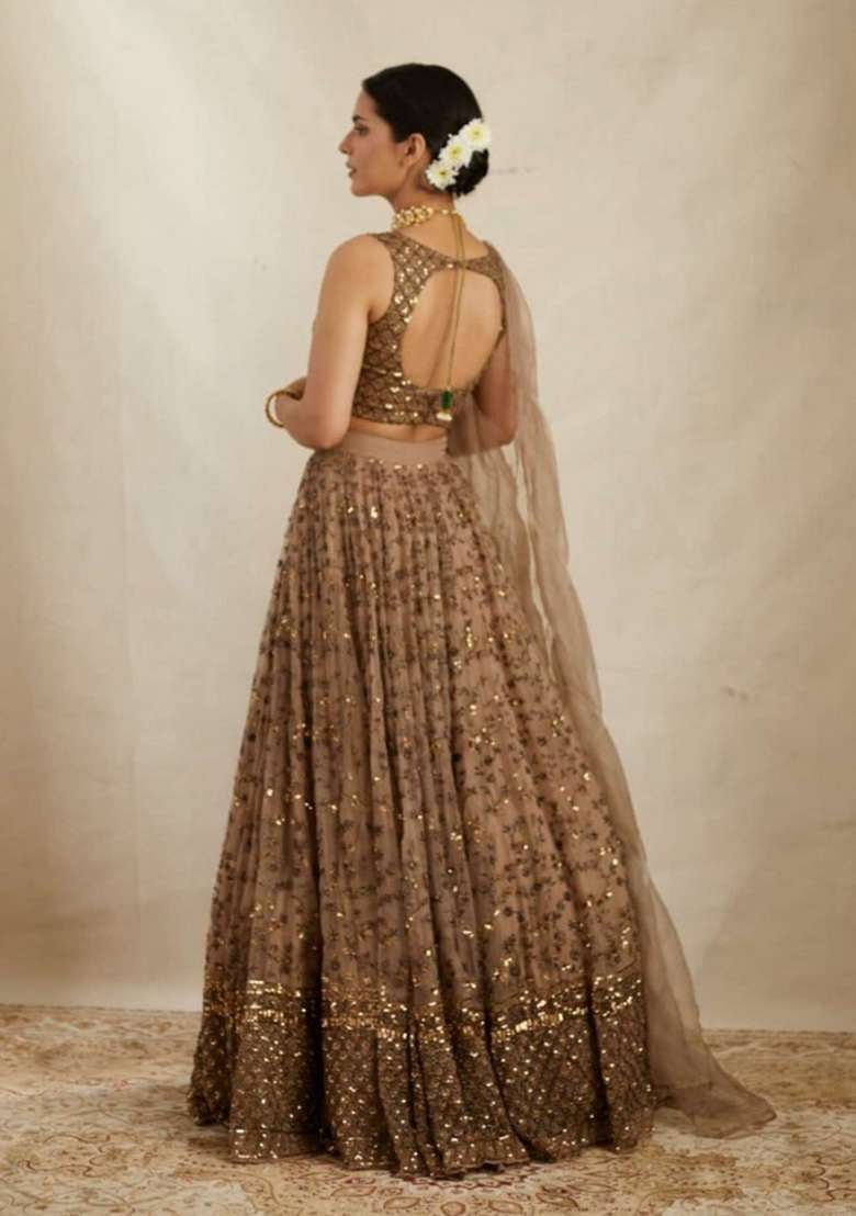 Brown Work Crepe Lehenga Set with Sequin for Diwali | Wedding & Festive Wear - Indya
