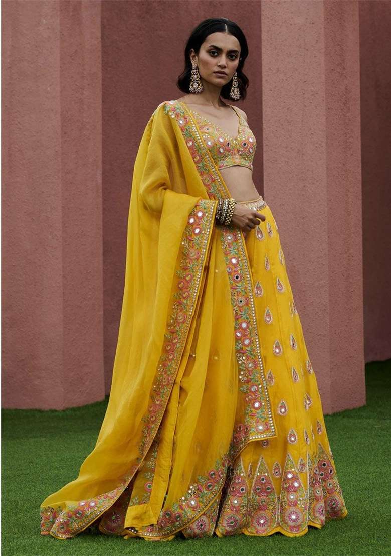 Yellow Work Georgette Lehenga Set with Sequin for Diwali | Wedding & Festive Wear - Indya