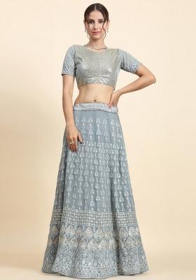 Light Cadet Grey Sequin Work Georgette Lehenga Set