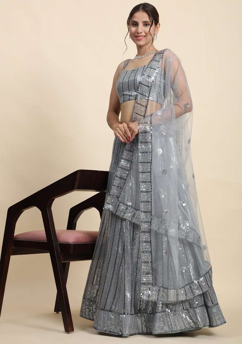 Grey Sequin Work Georgette Lehenga Set for Diwali and Festive Wear - Indya