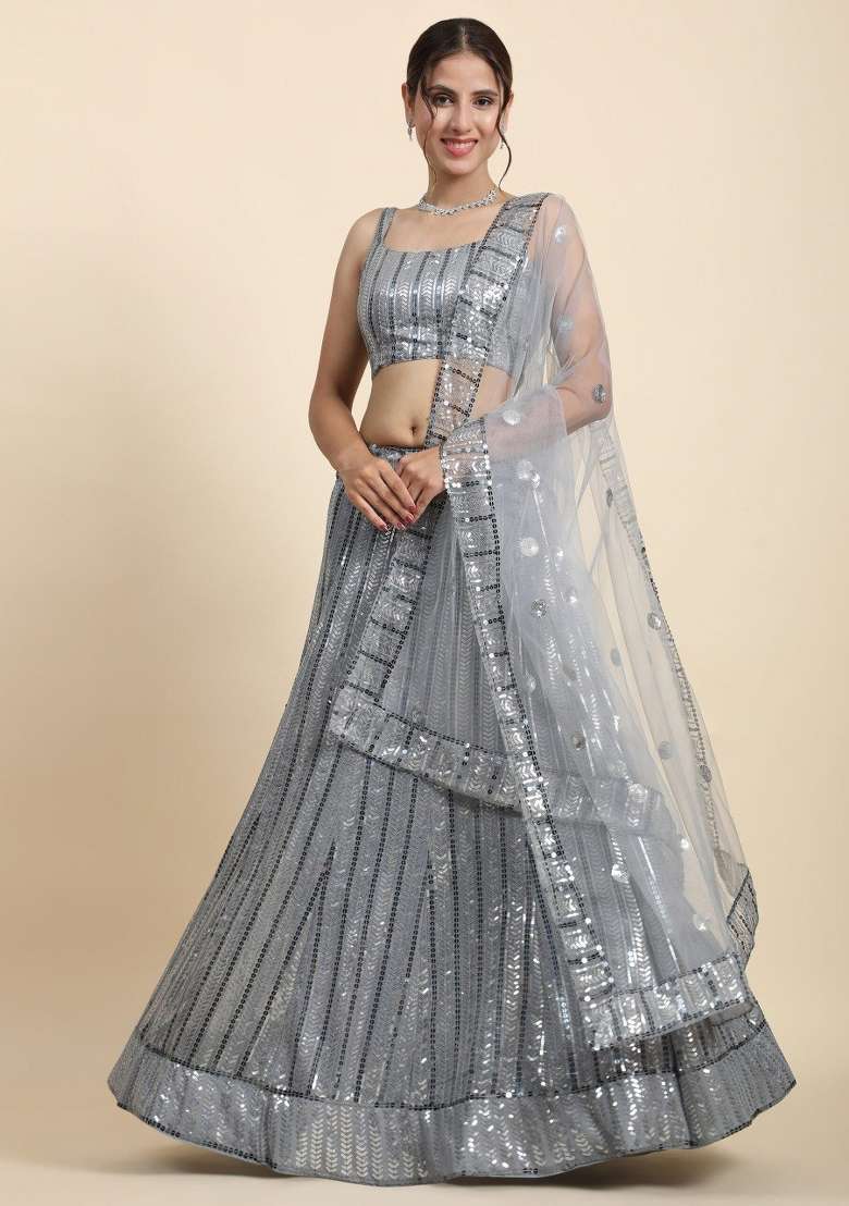 Grey Sequin Work Georgette Lehenga Set for Diwali and Festive Wear - Indya