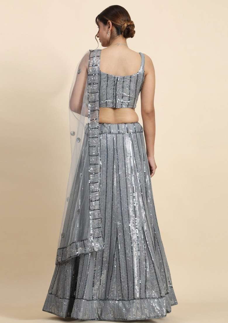 Grey Sequin Work Georgette Lehenga Set for Diwali and Festive Wear - Indya