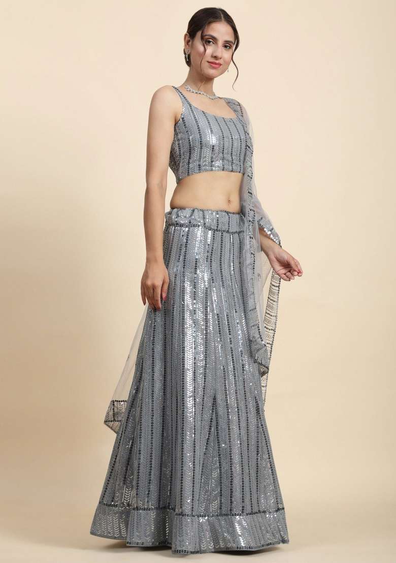 Grey Sequin Work Georgette Lehenga Set for Diwali and Festive Wear - Indya