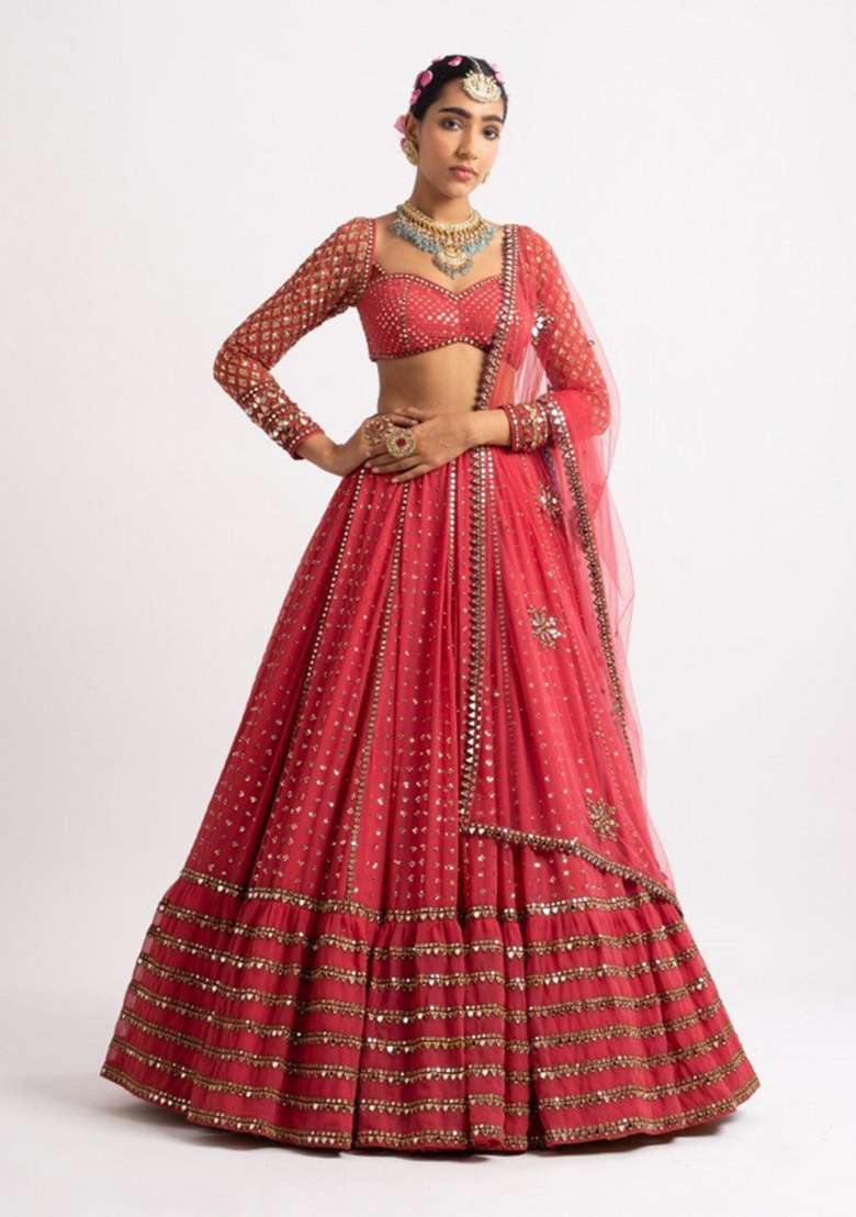Red Sequin Work Georgette Lehenga Set for Diwali and Festive Wear - Indya