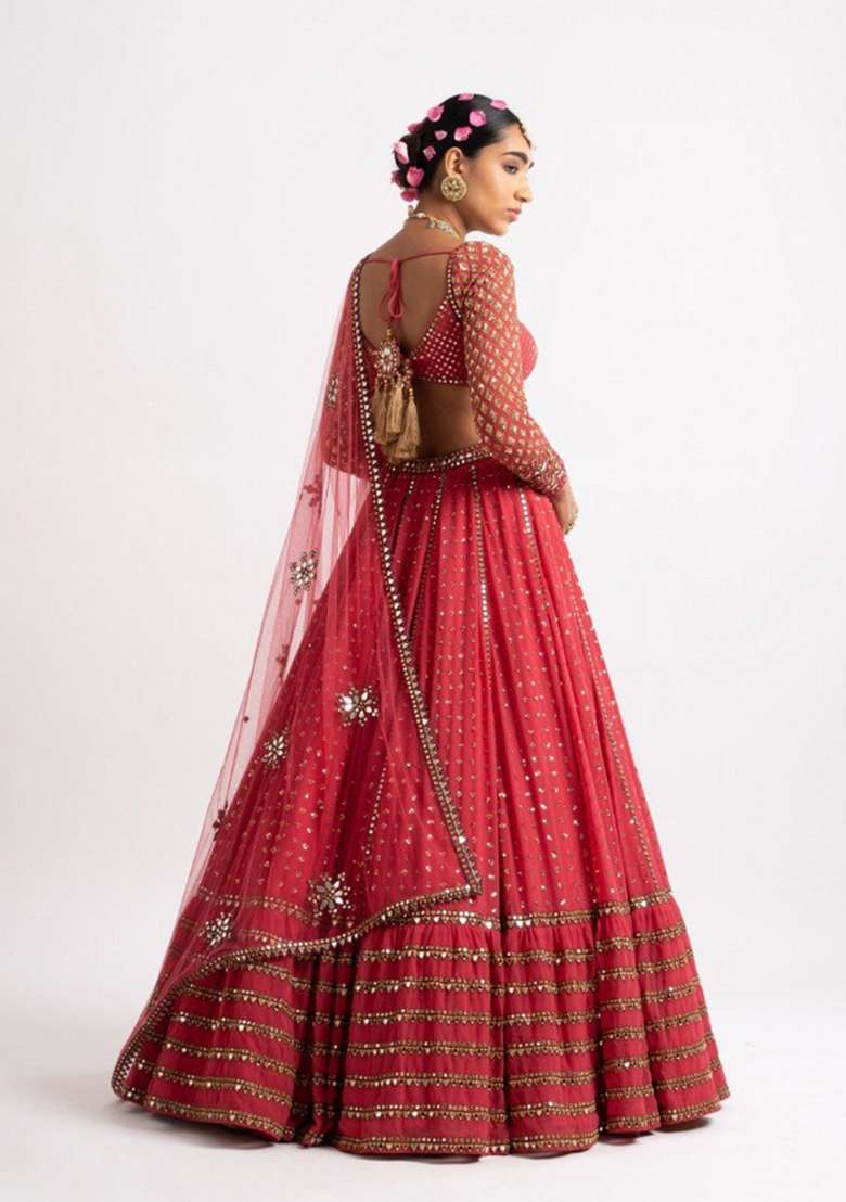 Red Sequin Work Georgette Lehenga Set for Diwali and Festive Wear - Indya