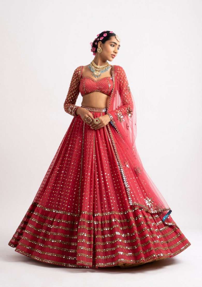 Red Sequin Work Georgette Lehenga Set for Diwali and Festive Wear - Indya