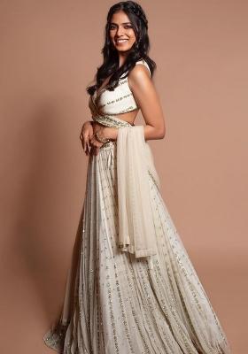 Off White Sequin Work Georgette Lehenga Set