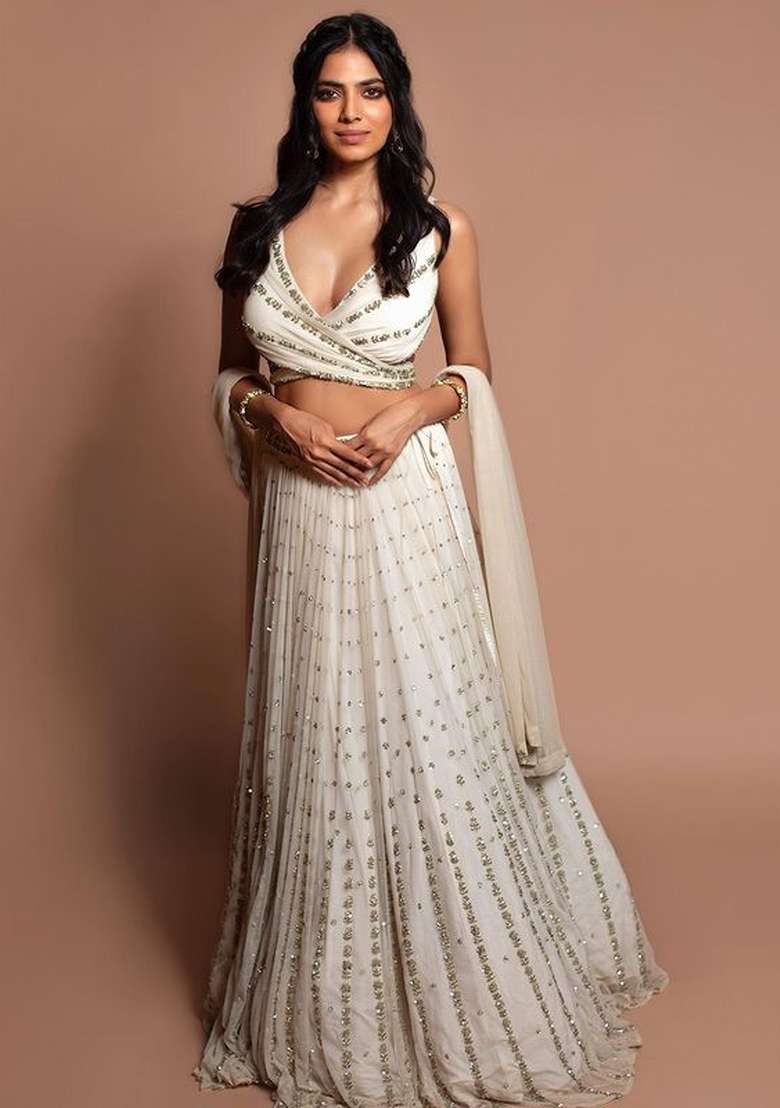 Off White Sequin Work Georgette Lehenga Set for Diwali and Festive Wear - Indya
