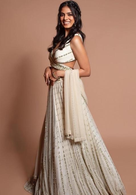 Off White Sequin Work Georgette Lehenga Set