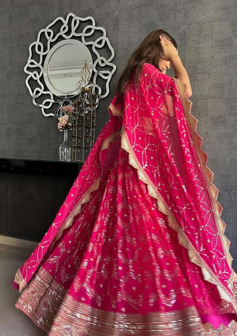 Dark Pink Work Georgette Lehenga Set with Sequin for Diwali | Wedding & Festive Wear - Indya