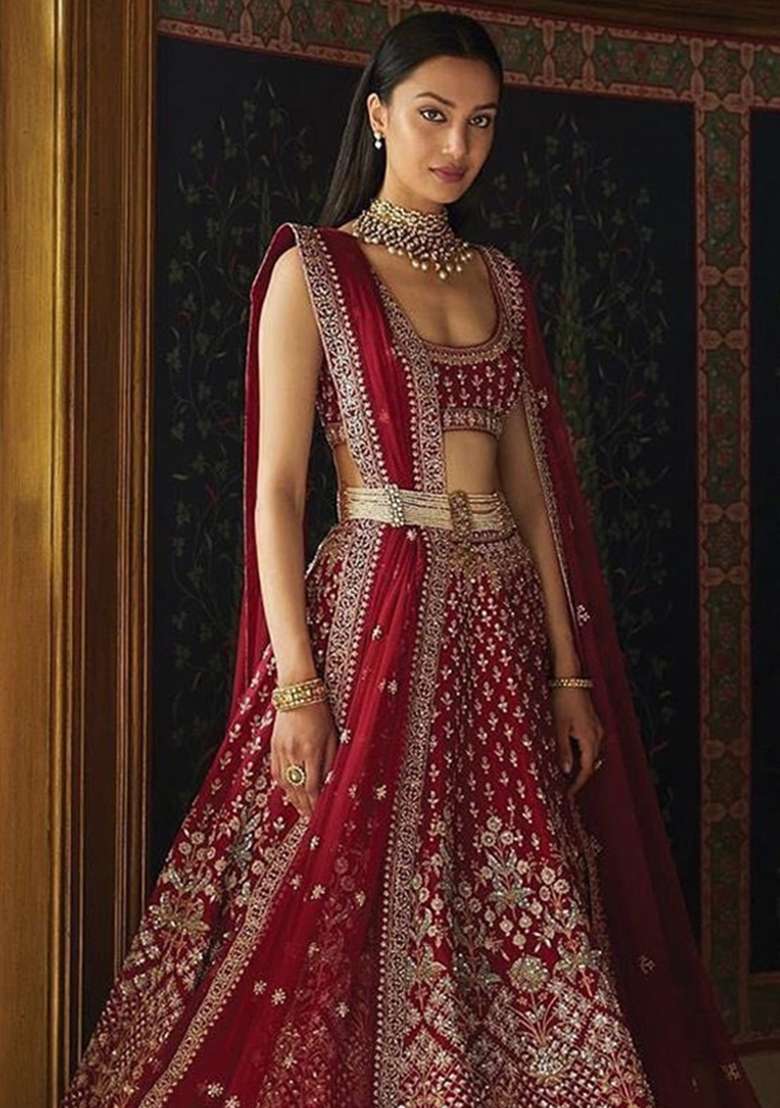 Maroon Work Silk Lehenga Set with Sequin for Diwali | Wedding & Festive Wear - Indya