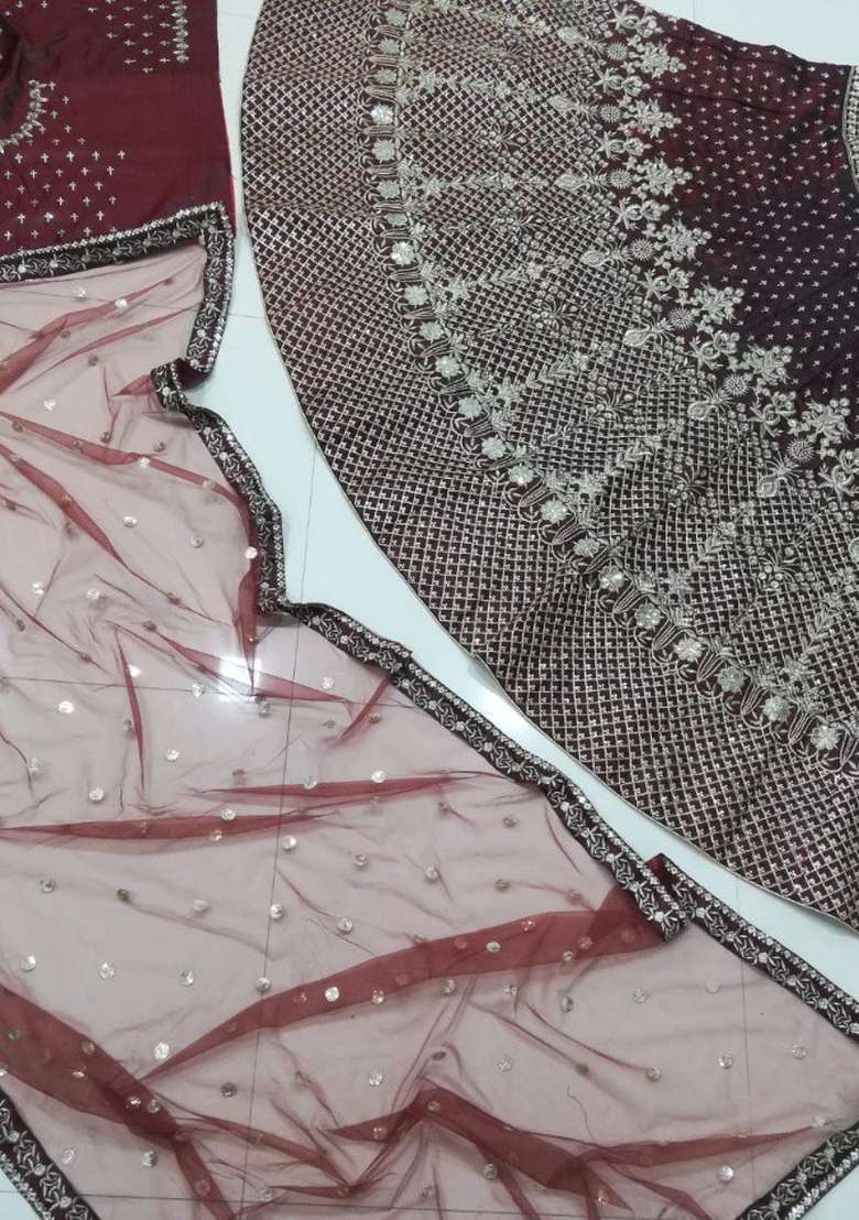 Maroon Work Silk Lehenga Set with Sequin for Diwali | Wedding & Festive Wear - Indya
