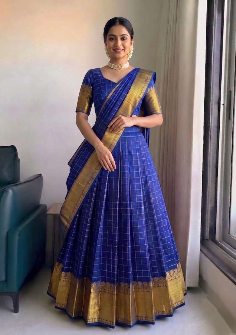 Dark Royal Blue Silk Blend Lehenga Set with Zari Work for Diwali | Wedding & Festive Wear - Indya