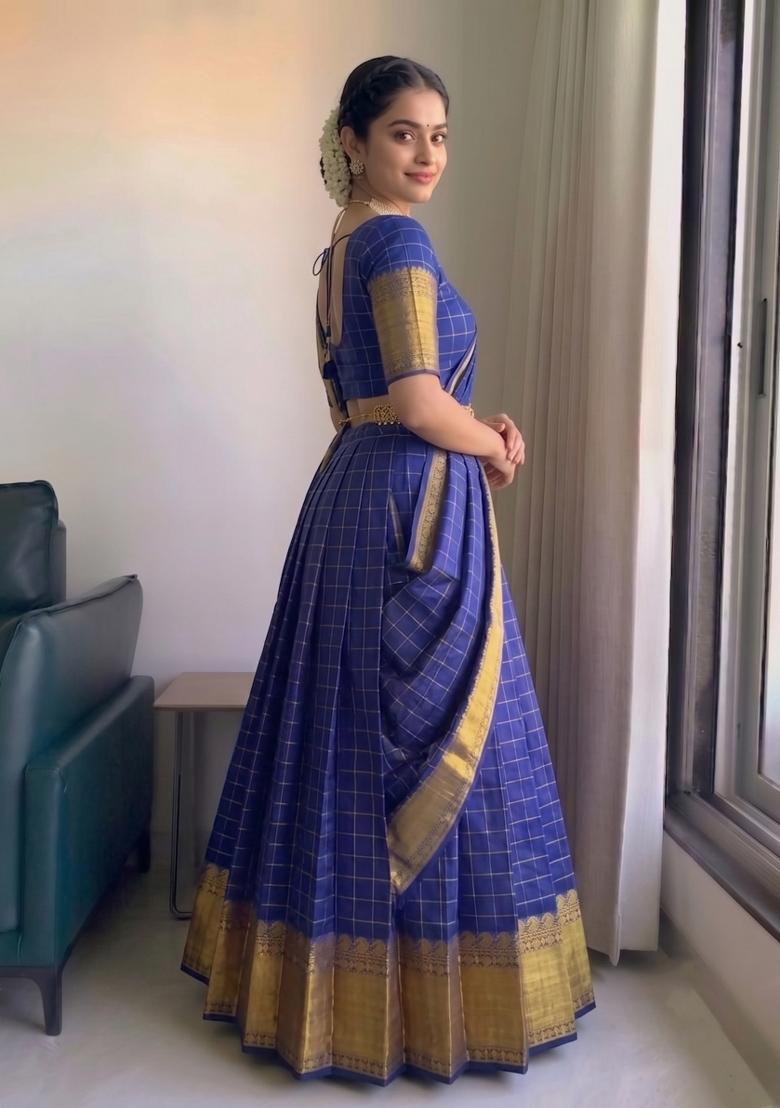 Dark Royal Blue Zari Work Silk Blend Lehenga Set - Indya