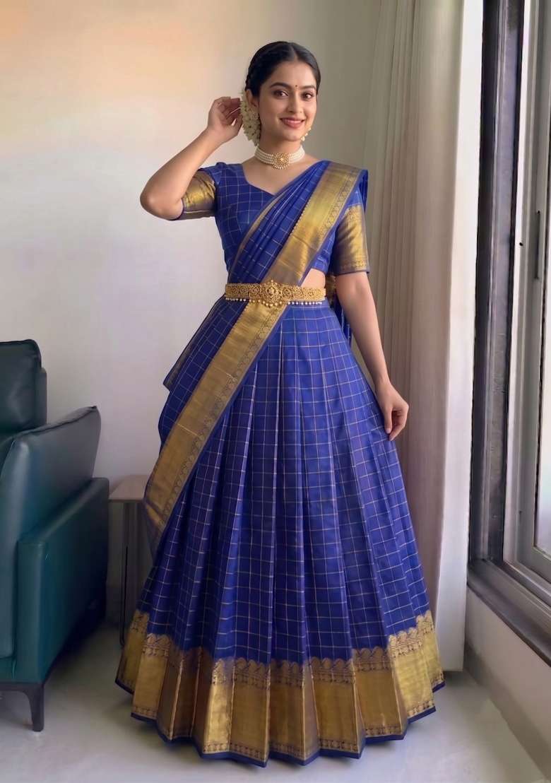 Dark Royal Blue Silk Blend Lehenga Set with Zari Work for Diwali | Wedding & Festive Wear - Indya