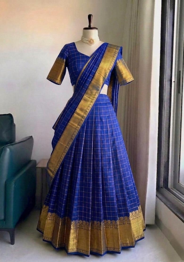 Dark Royal Blue Zari Work Silk Blend Lehenga Set - Indya