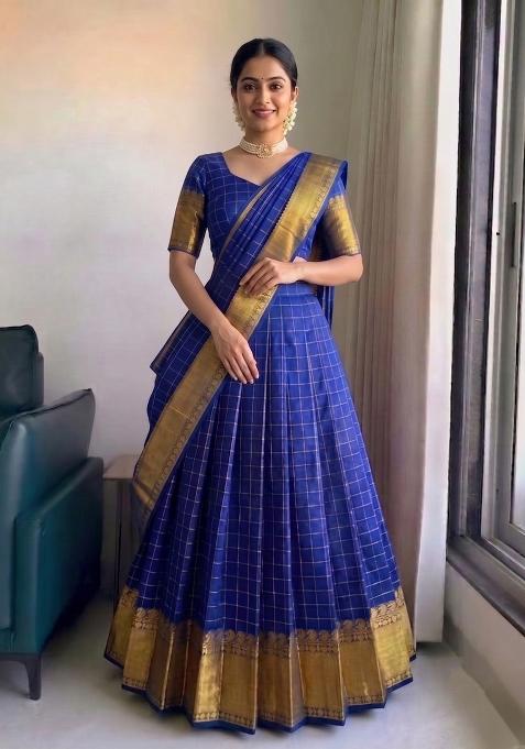 Dark Royal Blue Zari Work Silk Blend Lehenga Set