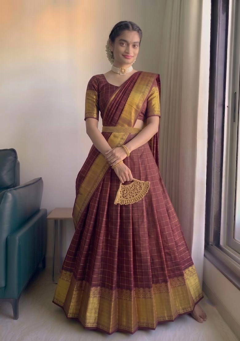 Maroon Zari Work Silk Blend Lehenga Set - Indya