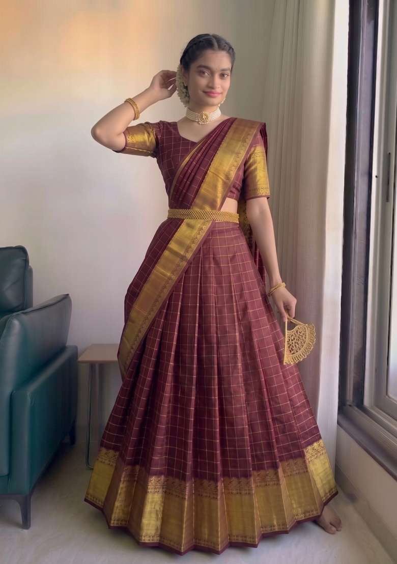 Maroon Silk Blend Lehenga Set with Zari Work for Diwali | Wedding & Festive Wear - Indya