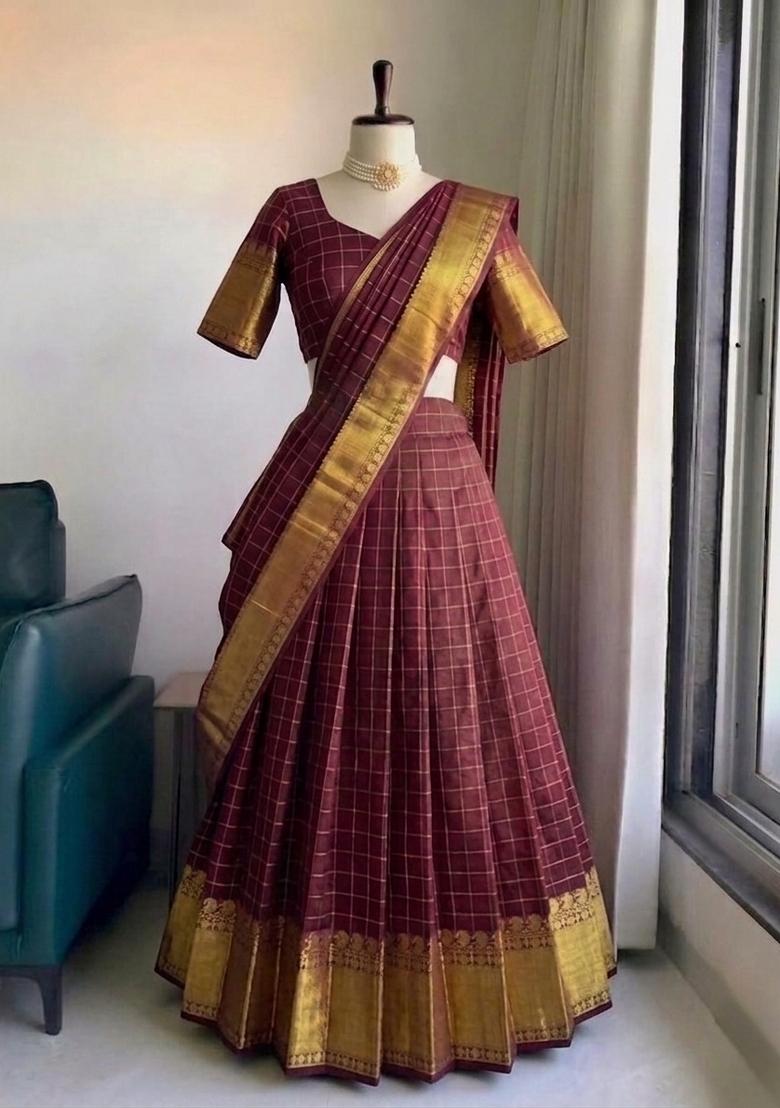 Maroon Zari Work Silk Blend Lehenga Set - Indya