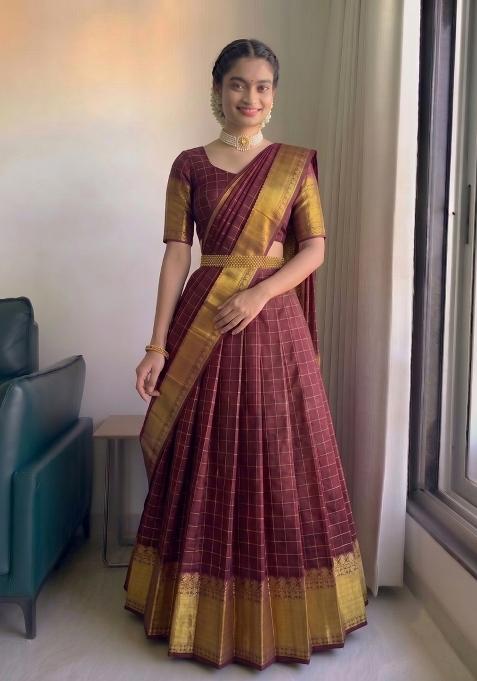 Maroon Zari Work Silk Blend Lehenga Set