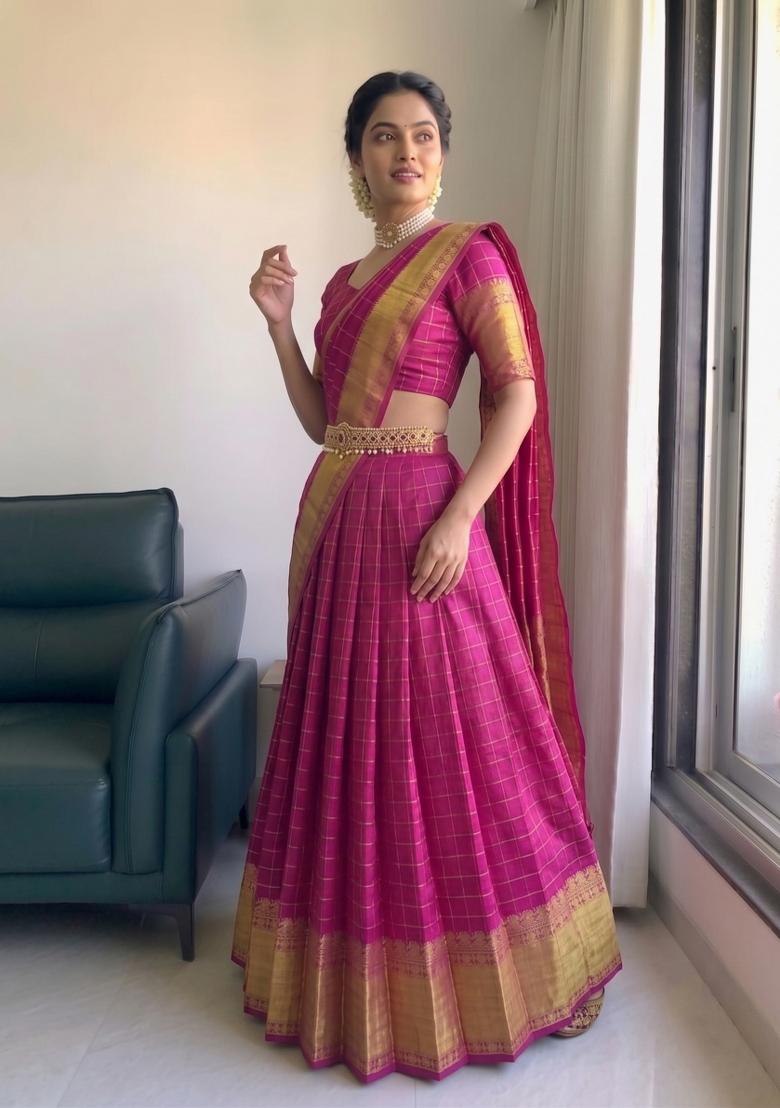 Pink Zari Work Silk Blend Lehenga Set - Indya