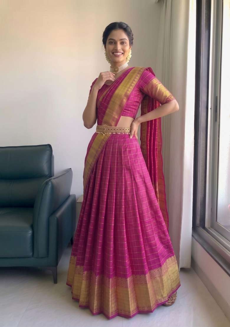 Pink Zari Work Silk Blend Lehenga Set for Diwali and Festive Wear - Indya