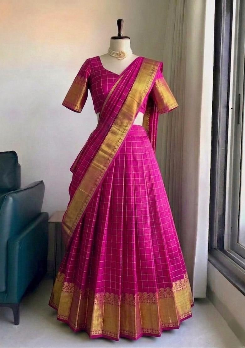 Pink Zari Work Silk Blend Lehenga Set - Indya