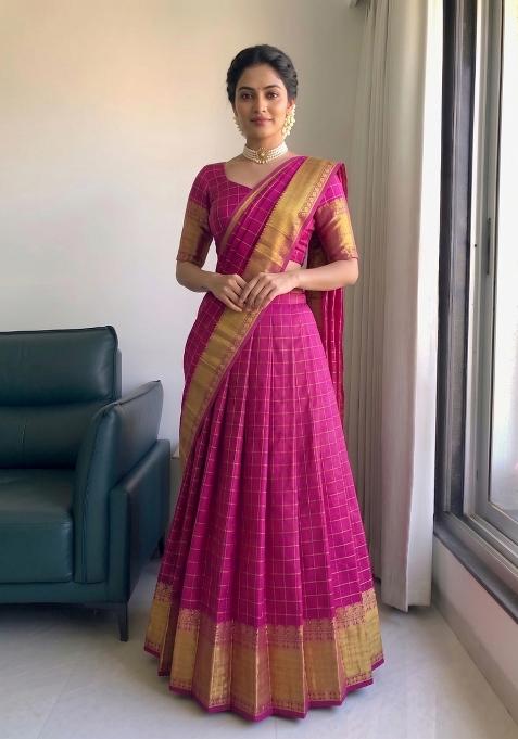 Pink Zari Work Silk Blend Lehenga Set