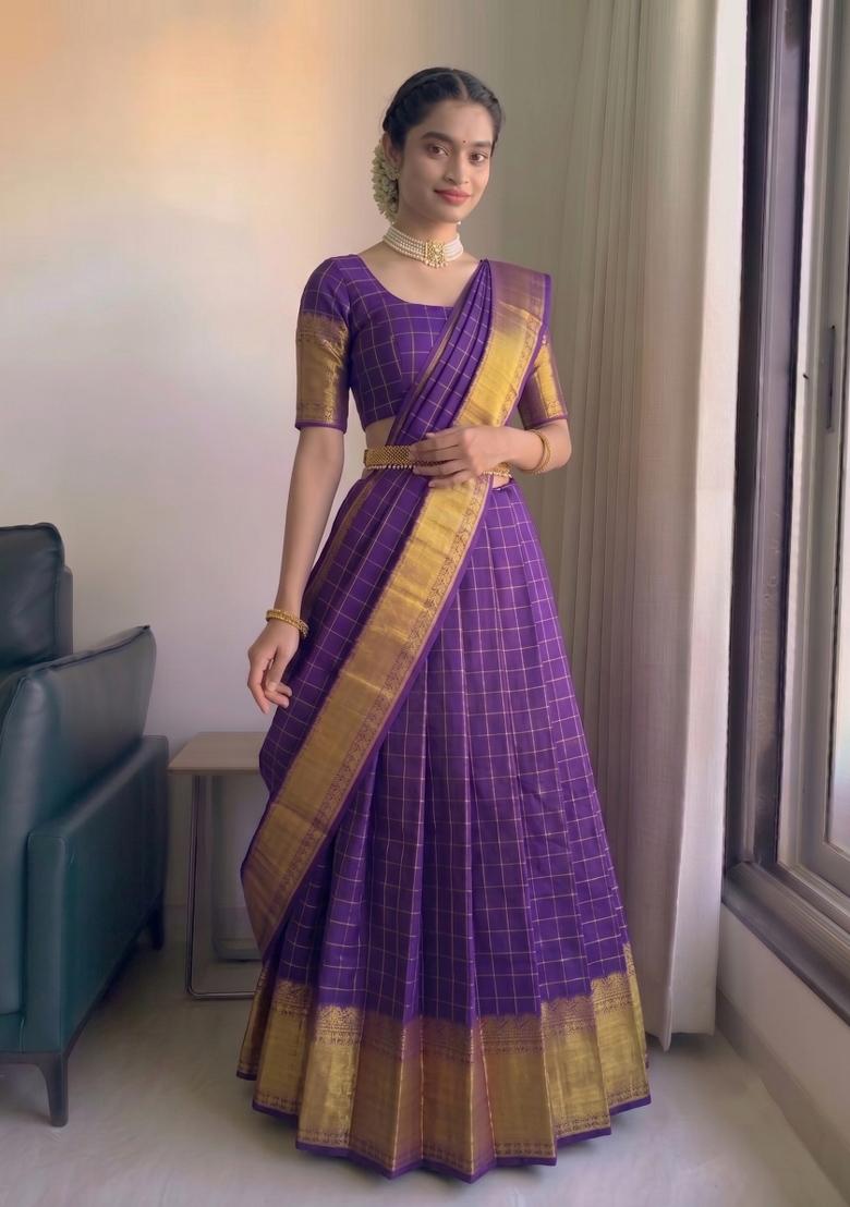 Purple Zari Work Silk Blend Lehenga Set - Indya