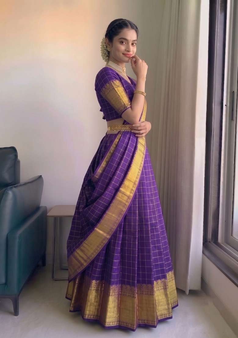 Purple Zari Work Silk Blend Lehenga Set for Diwali and Festive Wear - Indya