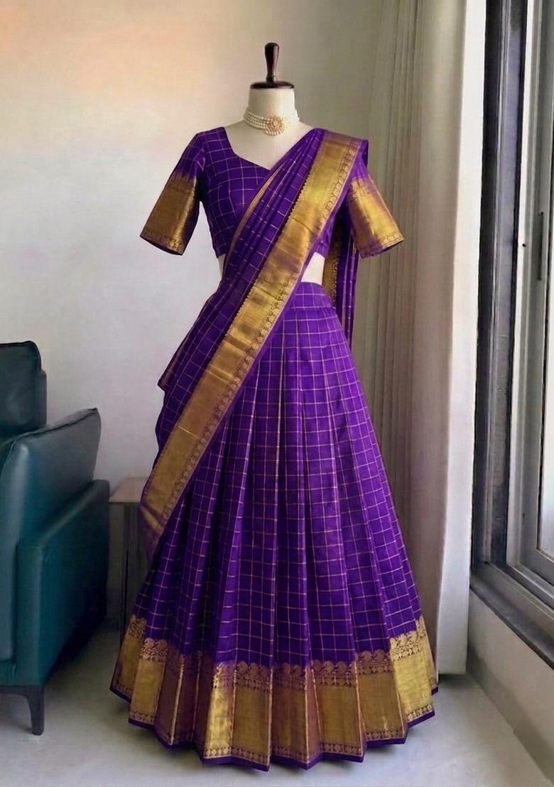 Purple Zari Work Silk Blend Lehenga Set - Indya