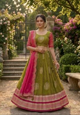 Green Printed Silk Blend Lehenga Set